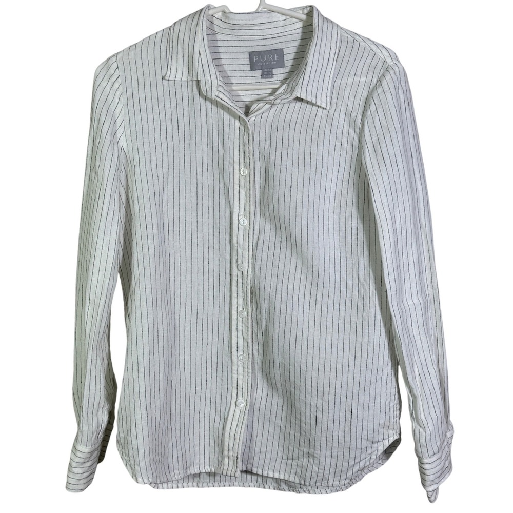 Pure Collection Womens White and Black Striped 100% Linen Button Down Shirt Sz 6